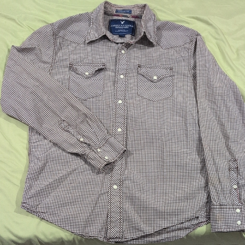 American Eagle Outfitters Men's Plaid Long-sleeve Shirt - Brown and White